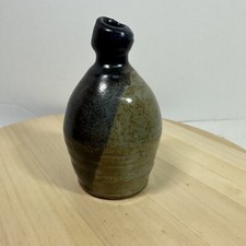 Stoneware Glazed Bud Vase Brown Green Studio Art Pottery 6” Signed picture