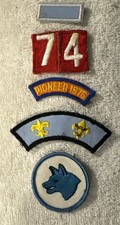 5 ad BSA lot Boy Scout Patrol Medallion Badge patches Wolf, rocker pioneer vtg picture