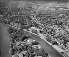 Aerial view of River Thames Eel Pie Island in centre Twickenham to- Old Photo picture