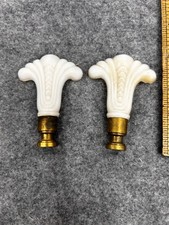 antique lamp shade finial pair glass alabester opaque fleur-de-lis original  picture