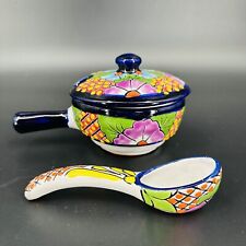 Mexican Talavera Ulises Pottery Colorful Bowl With Handle, Lid, And Spoon  picture