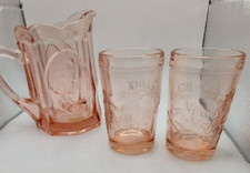 Vtg Pink TIARA GLASS Set NURSERY RHYME SET PITCHER & 2 glasses w/Original box  picture