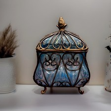 Vtg Brutalist Heavy Caged Wrought Iron Blue Bubble Glass Hand Blown Feet Estate picture