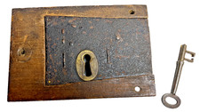 Antique Early Primitive Forged Iron Rim Lock w Original Skeleton Key 1700s 1800s picture