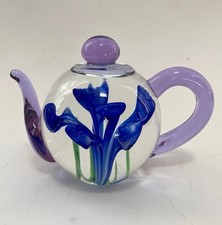 Dynasty Gallery Blown Glass Teapot Paperweight Blue Flower Purple Art Glass picture