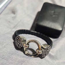 Harley-Davidson Black Braided Leather Bracelet w/ Skull Ends Ring Clasp 9.5 Inch picture