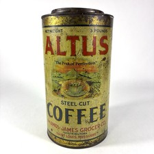 Vtg ALTUS 3lb Tall Coffee Litho Tin Can Adv Amos-James Grocer St Louis Rare picture