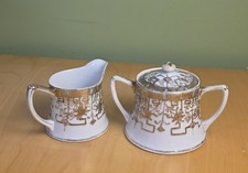 Antique Hand Painted Nippon Creamer & Covered Sugar Bowl Gold Moriage Japan picture