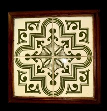 Vintage Wood Framed Green & Ivory Mexico Tile Trivet Hot Plate 10.25