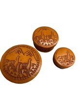 Vintage Embossed Leather Llama Nesting Jewlery Boxes Tooled Trinket Set of 3 picture