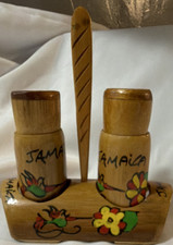 Jamaica Souvenir Wooden Salt & Pepper Shakers Floral Set w/ Stand & Handle picture