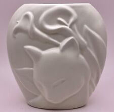 VTG White Cat & Cally Lily Vase Art Nouveau Matte Finish Oval Shape  6.5” x 6” picture