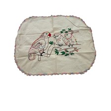 Vintage Hand Embroidered Parakeet Doily DresserScarf Crocheted Edge Cottagecore picture