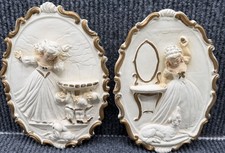 Vintage Mid Century Chalkware 3D Wall Art Set 2 Hollywood Regency Vanity Plaques picture