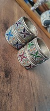 Vintage Pier 1 Jeweled Beaded Napkin Rings Set of 4 Silver Boho Holiday Table picture