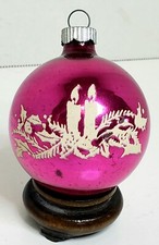 Vintage Shiny Brite Hot Pink Stenciled Candles and Holly Glass  Ornament 3'' picture
