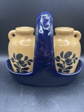 Pfaltzgraff Folk Art Salt & Pepper Shakers Set with Caddy Holder Jug Crock China picture
