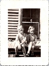 Two Smiling Children on Porch, 1940s B&W Snapshot Photo picture