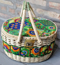 VINTAGE 1960'S SEARS BEST WICKER SEWING BASKET white w/mod fabric turn lock picture