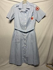 Vtg American Red Cross Volunteer Uniform Dress Blue Pinstripe w/Name Tag, Pins picture