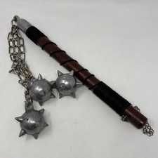 Vintage Medieval Flail Mace Replica Wood Handle Spiked Ball Chain Decor Prop picture