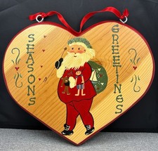 VTG 1995 Hand Painted Wooden Heart Seasons Greetings Santa Wall Hanging Decor picture