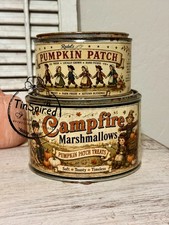 Primitive Fall Pumpkin Patch Campfire Marshmallow Tins Set of 2 Handmade Rustic picture