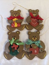 Handcrafted Vtg Set Of 4 Wooden Teddy Bears Christmas Ornaments 3x2 in. picture