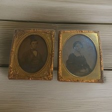 1850's Ambrotype Seated Man & Woman Portrait With Attached Card Civil War Era picture
