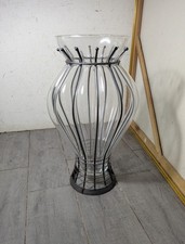 Tarnow Poland Hand Blown Caged Art Glass Floor Vase Wrought Iron Wire Cage VTG picture