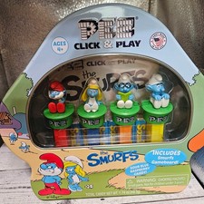 Pez Click & Play The Smurfs Candy Dispensers Gift Set Sealed Tin Gameboard 2017 picture