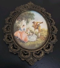 Vintage Ornate Brass Oval Frame With Victorian Style Print 5.5
