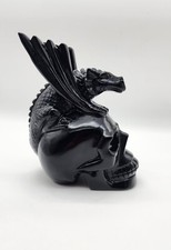 Black Obsidian Skull With Dragon Topper, Polished Obsidian Skull & Dragon Gift picture