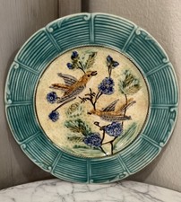 Antique French Majolica Barbotine Bird Floral Plate Turquoise 1890-1900 picture