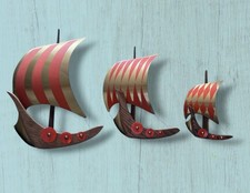 Vtg Masketeers Set Of 3 Teak Wood Brass Metal Galleon Sailing Ship Wall Art MCM picture