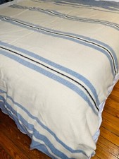 VTG WARMBILT DULUTH MINNESOTA VIRGIN WOOL CREAM&BLUE STRIPED CAMP BLANKET 72X45 picture