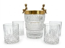 5 Piece Vtg  Cut Crystal Ice Bucket with 4 Lowball Glasses Gold Cherub Handles picture