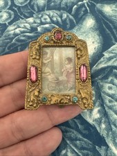 Antique Czech Jeweled Miniature Picture Frame Gold Tone Pink Blue Gemstones picture