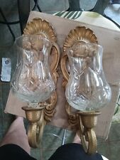 2 VINTAGE HOMCO 2230 GOLD SCONCE Scroll CANDLE HOLDERS Glass Votive Cups Pair picture