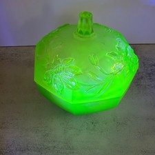 Vintage Irice Green Satin Uranium Glass Powder Jar Floral Trinket Box Saxony picture