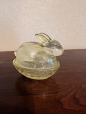 Vintage Glass Yellow Bunny Rabbit Trinket Candy Dish on Nest Easter Spring picture