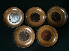 T0933 Vintage Japanese Kabazaiku Wood Tea Coasters Chataku 5pc picture