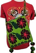 Huichol Kora Textile Hand Embroidered Burgundy Red Poppy Flower Vibrant Bag picture