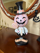 Cynthia Rowley Resin Pumpkin Head Figurine w/ Top Hat Lollipop, Halloween, Pink picture