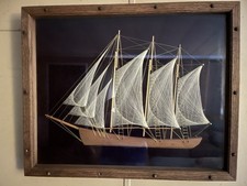 Vintage 1970s Mid Century Modern Nautical String Art Ship Shadow Box Framed picture