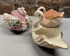 Lot of 3 Vintage Lefton China Lenox Pink & Gold Swan Trinket Dish Hand Painted picture