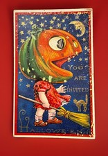 Antique Barton & Spooner Halloween Postcard Pumpkin Head Witch Broom Cat 7107 picture