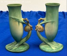 1930s Roseville Pinecone Ceramic Pottery Bud Vase Handled Pair - SEE CON. &DESC. picture