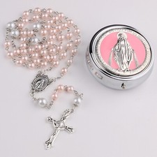 CT Rosary with 6mm Glass Pearl & 8mm Our Father Beads, Miraculous Metal Gift Box picture