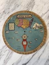 Vtg “Interesting facts about US & Europe” 1931 Spinning Circular Map Paper 10” picture